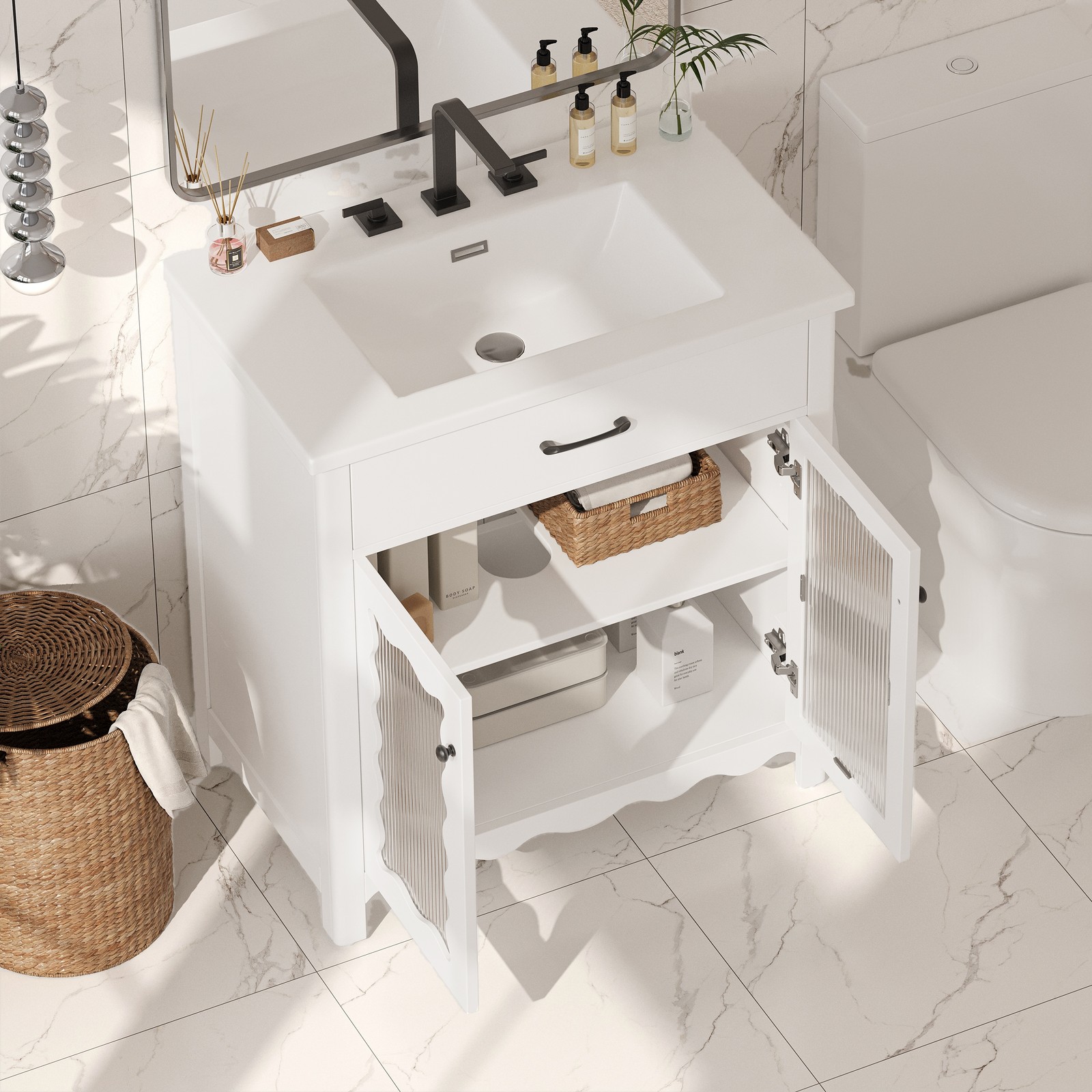 31″ Bathroom Vanity w/Tempered Glass,Modern Bathroom Cabinet w/Soft close Doors
