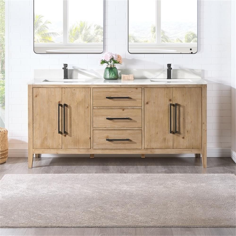 Laurel 72″ Wood Vanity in Weathered Fir Calacatta White Quartz Top no Mirror
