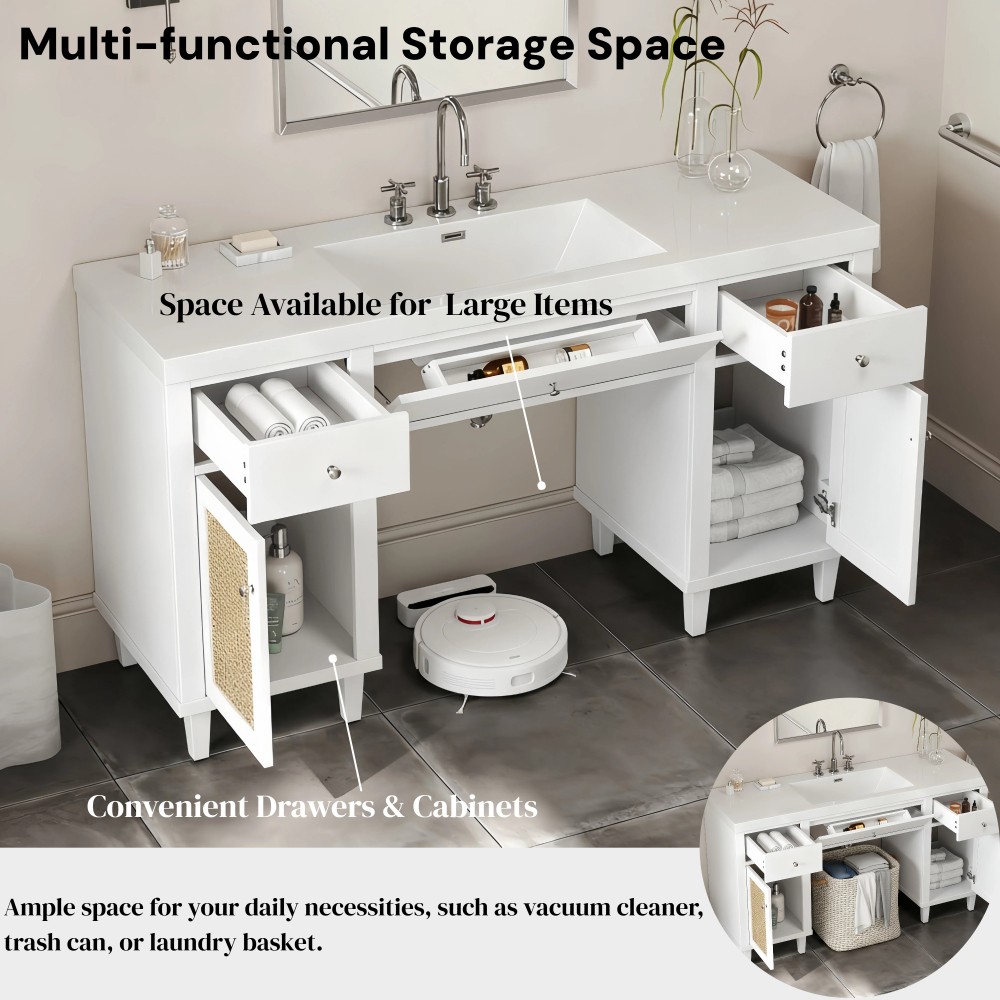 60 Inch Bathroom Vanity with SMC Sink, Modern Spacious Bathroom Storage Cabinet