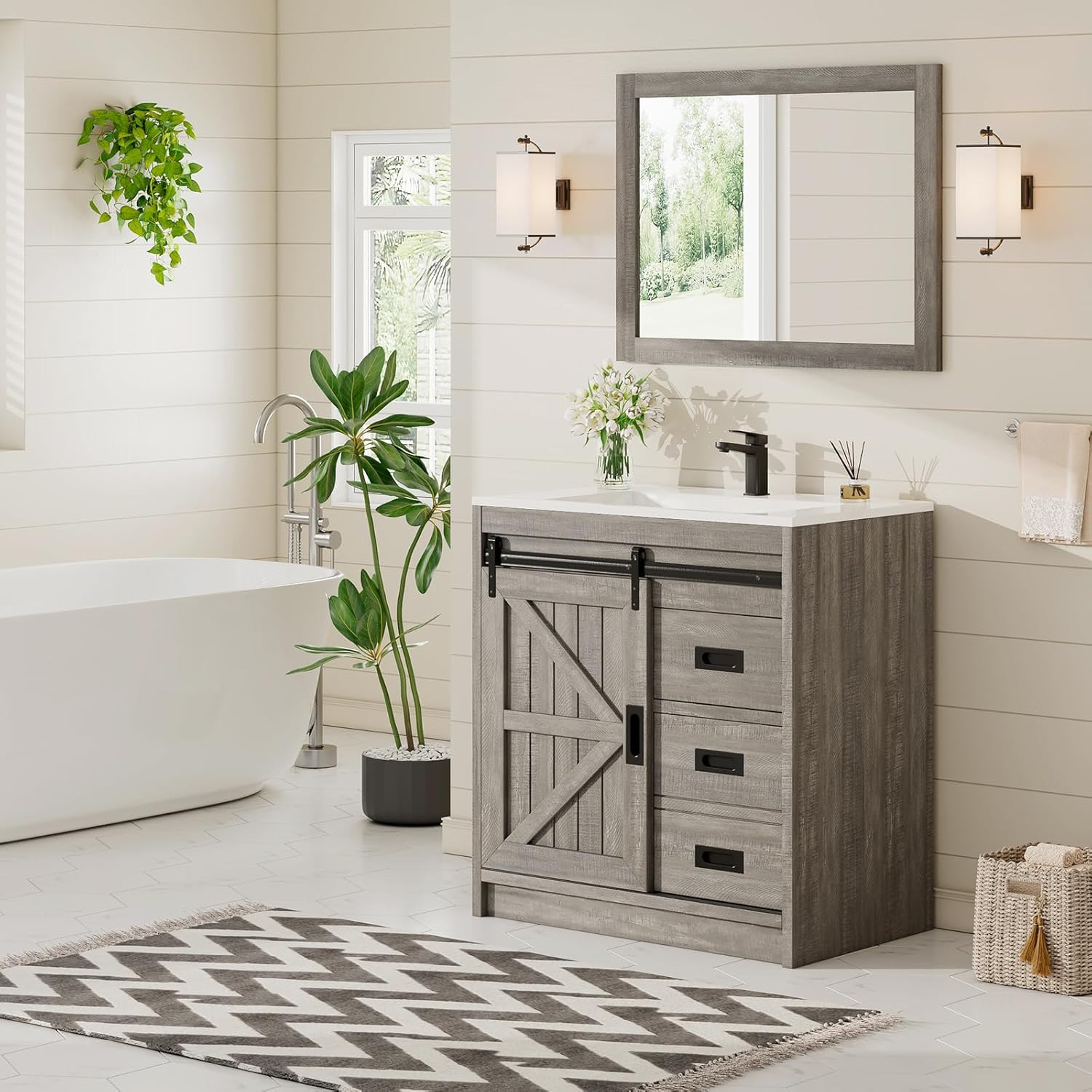 AMERLIFE Farmhouse Bathroom Vanity with Sink Combo, 31In Sliding Barn Door Bathr