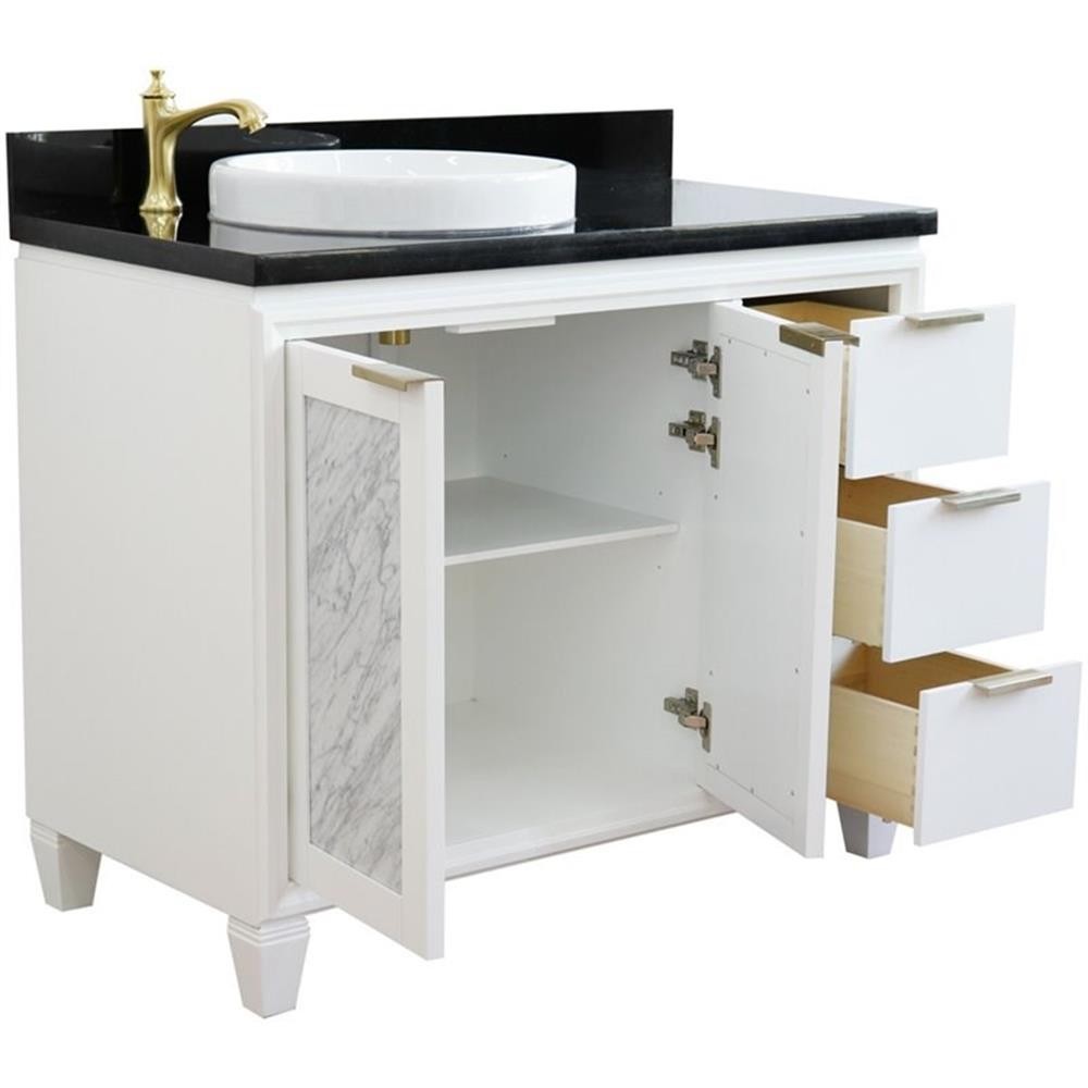 Trento Solid Wood Vanity with Left Round Sink in White/Black Galaxy