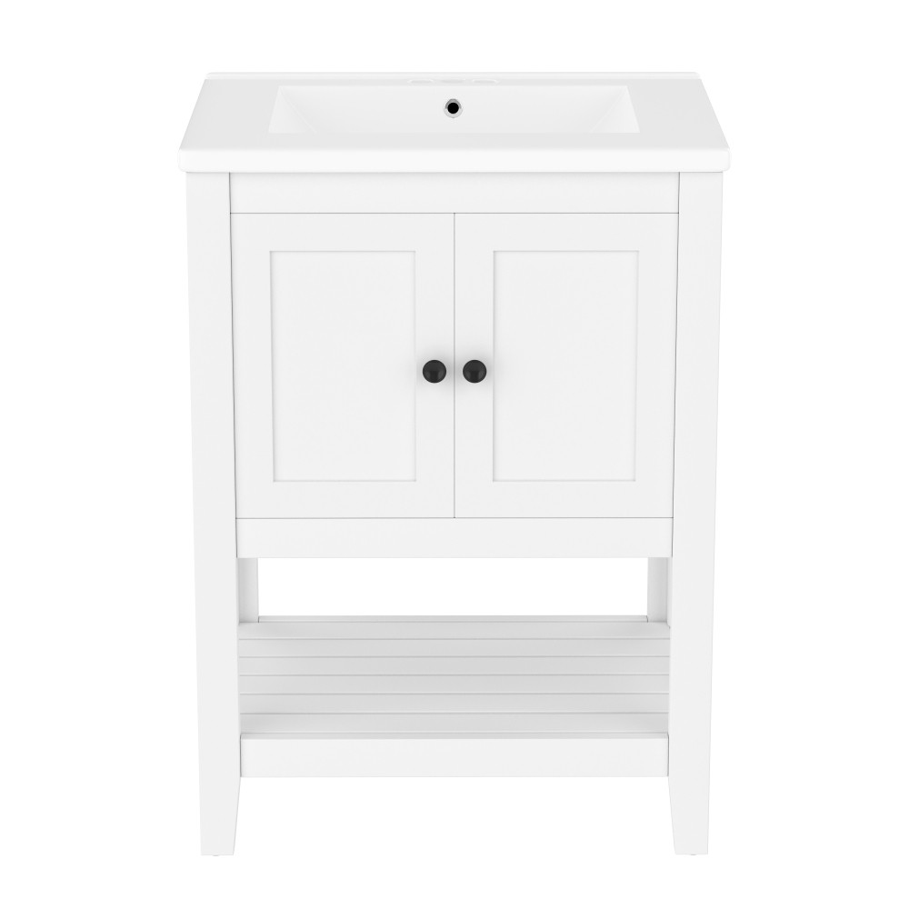 24″ White Bathroom Vanity w/Ceramic Sink & Solid Wood Frame