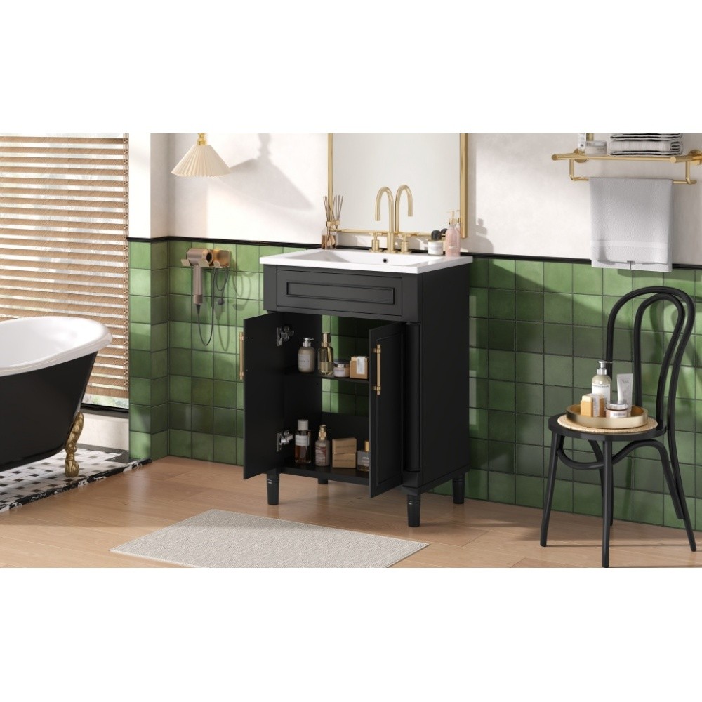 24in Bathroom Vanity Integrated Ceramic Sink 2 Doors Small Medium Restroom