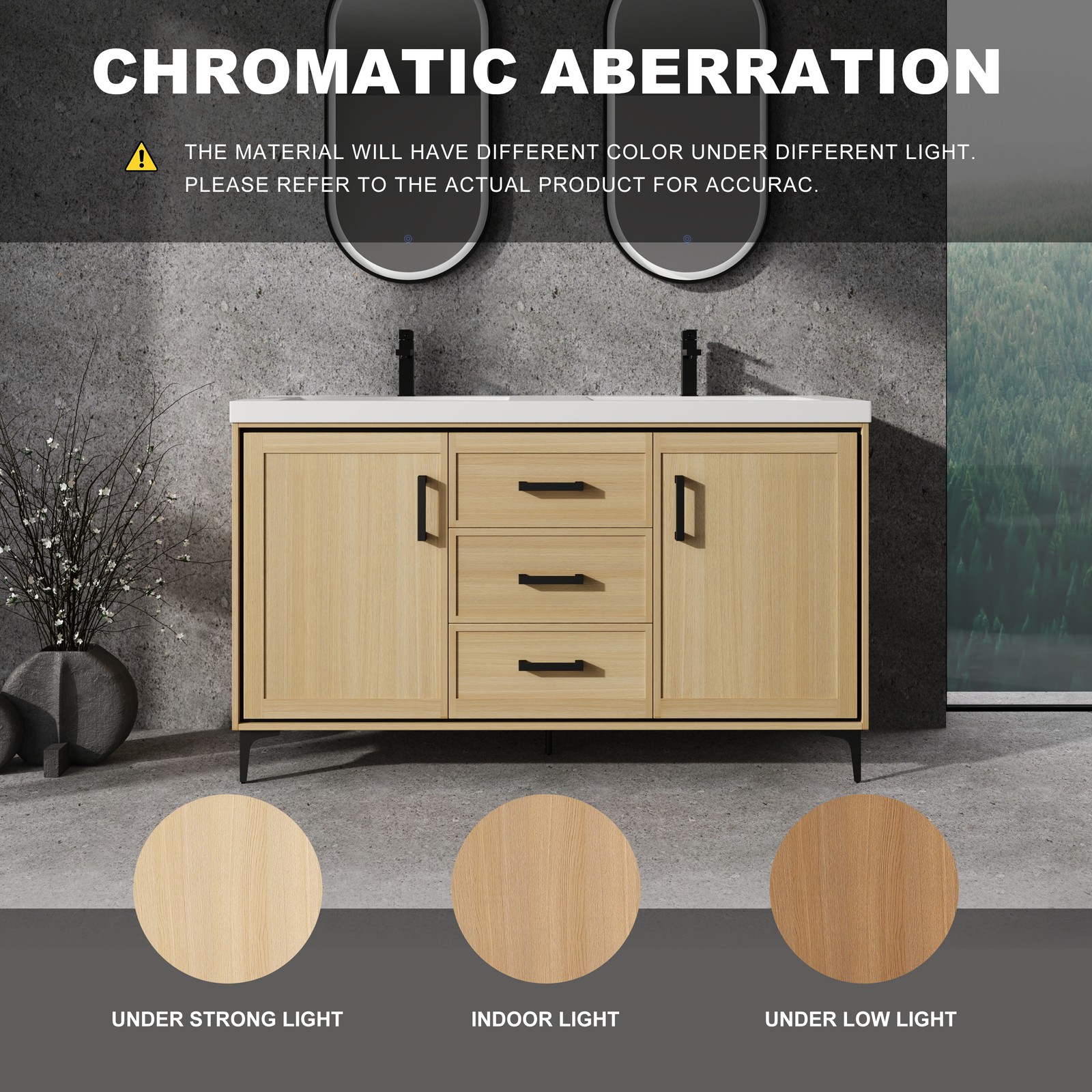 60 in Plywood Bathroom Vanity Freestanding W/Double Resin Sink +2 Doors 3Drawers