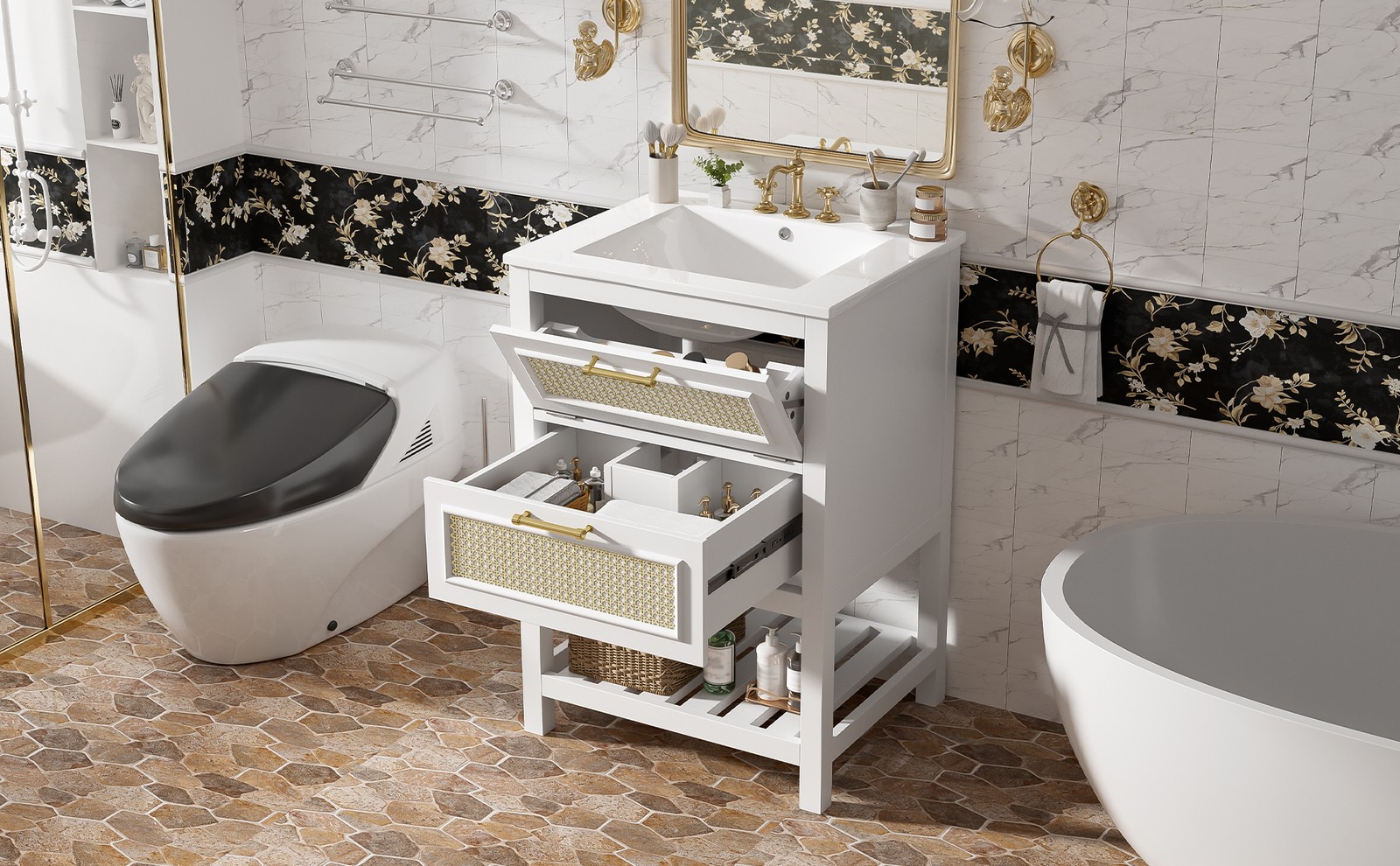 24″ White Bathroom Vanity with Ceramic Sink and 2 Drawers