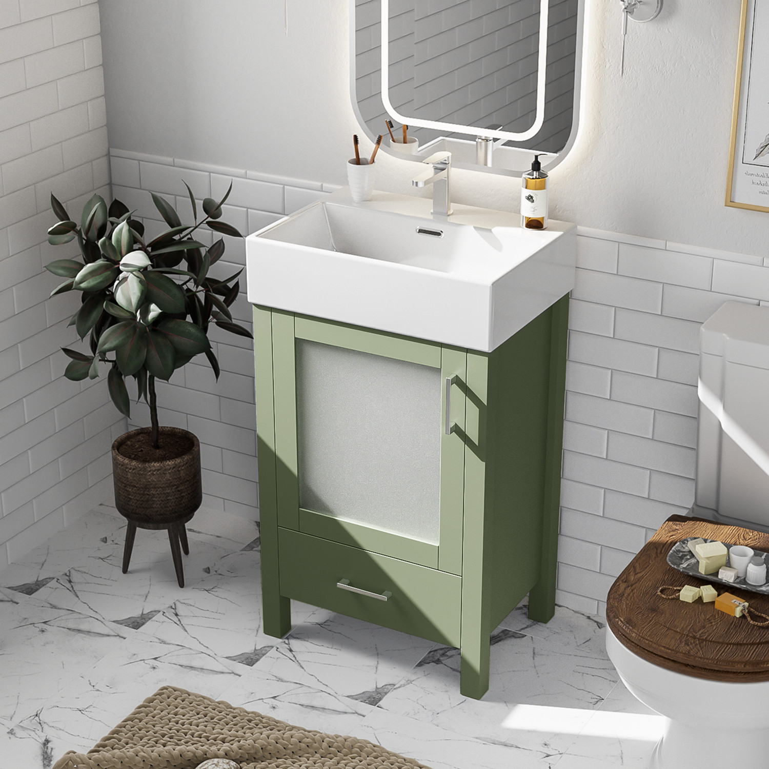 20″ Bathroom Vanity w/ Ceramic Sink, Freestanding Bath Vanity Cabinet, Drawer