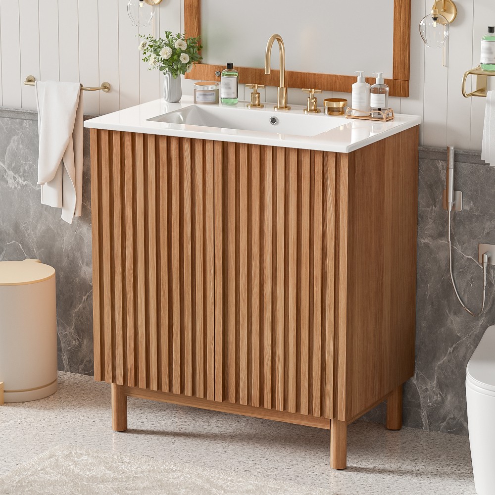 29.9-inch Traditional Bathroom Vanity with Ceramic Sink, Solid Wood Legs
