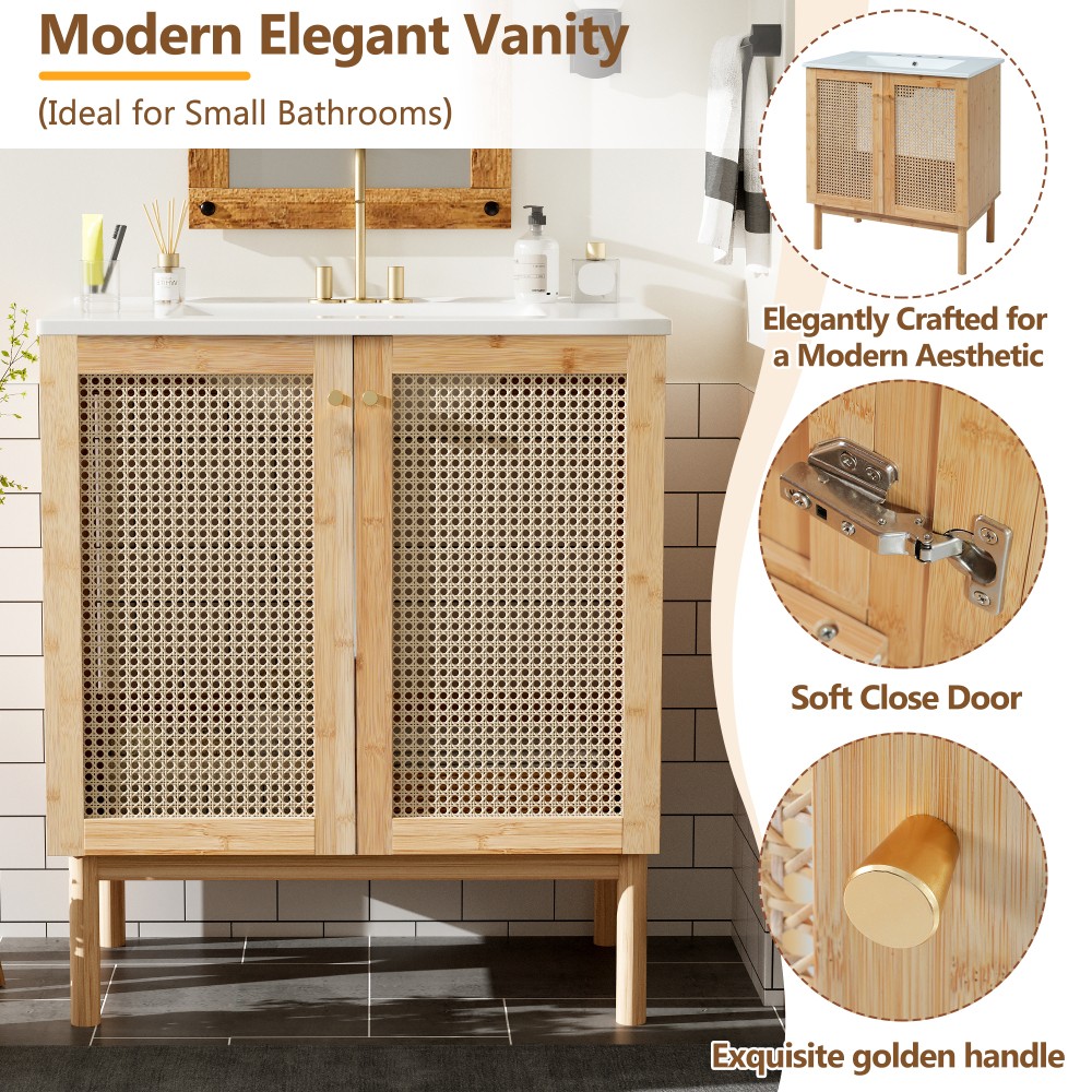 30in bathroom vanity crafted from natural materials featuring handmade rattan