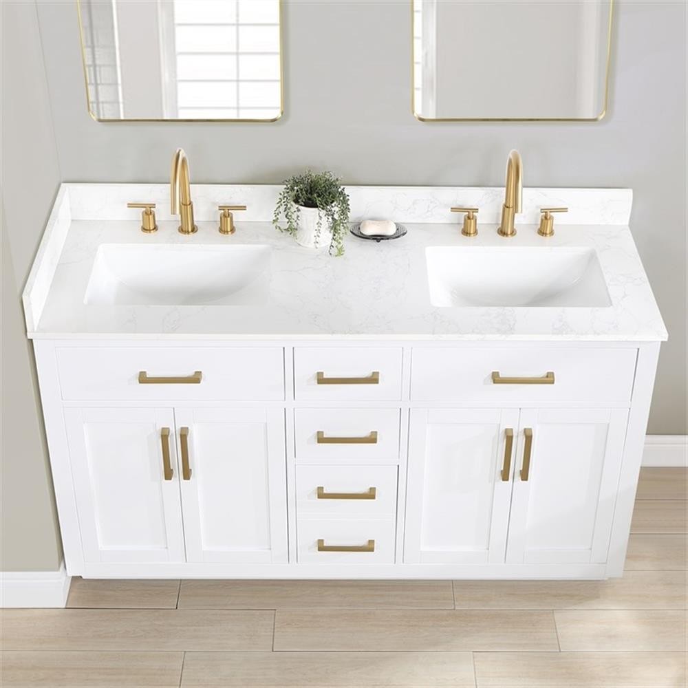 Gavino 60″ Wood Vanity in White with Grain White Composite Stone Top and Mirror