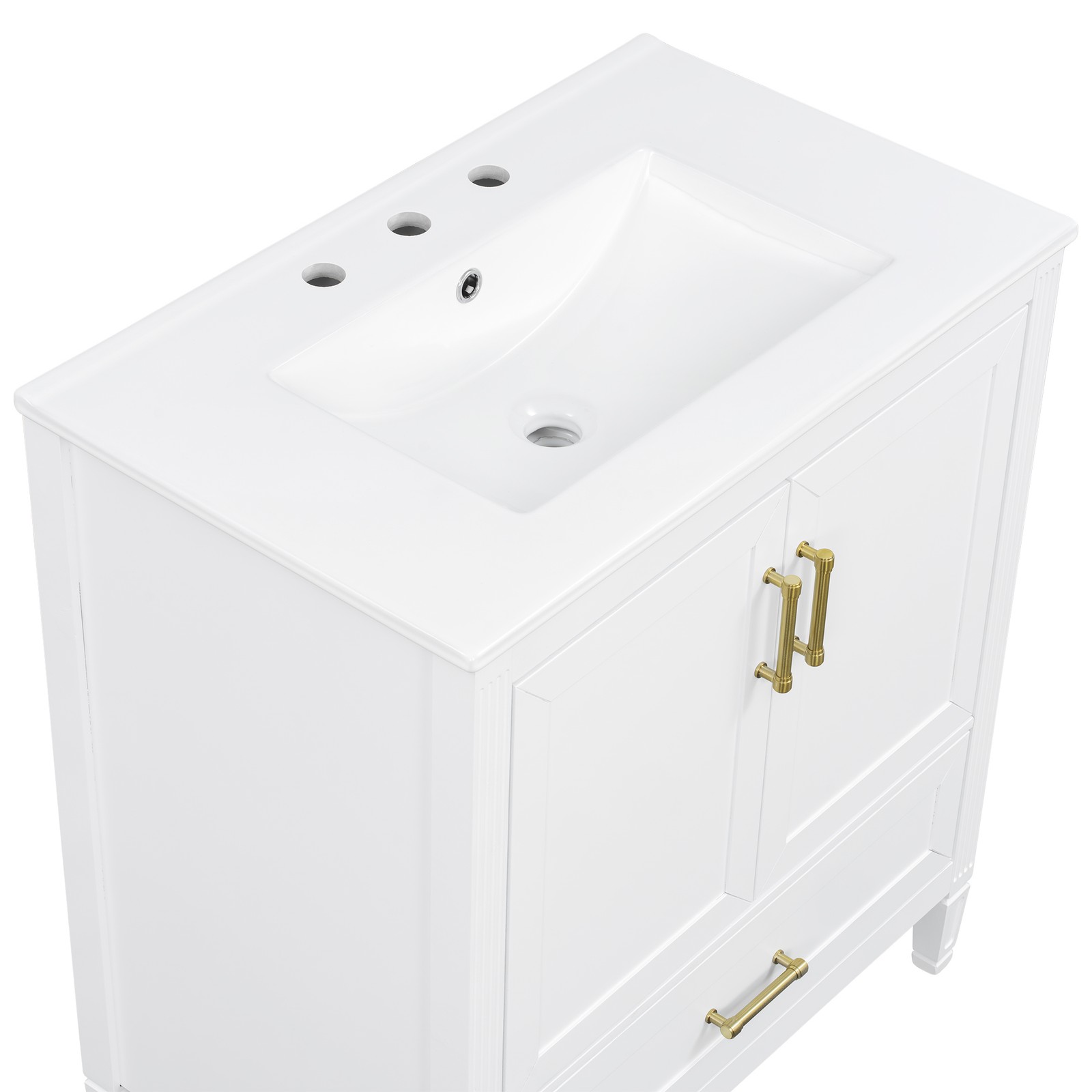 30″ White Fluted Bathroom Vanity with Ceramic Sink, Soft-Close