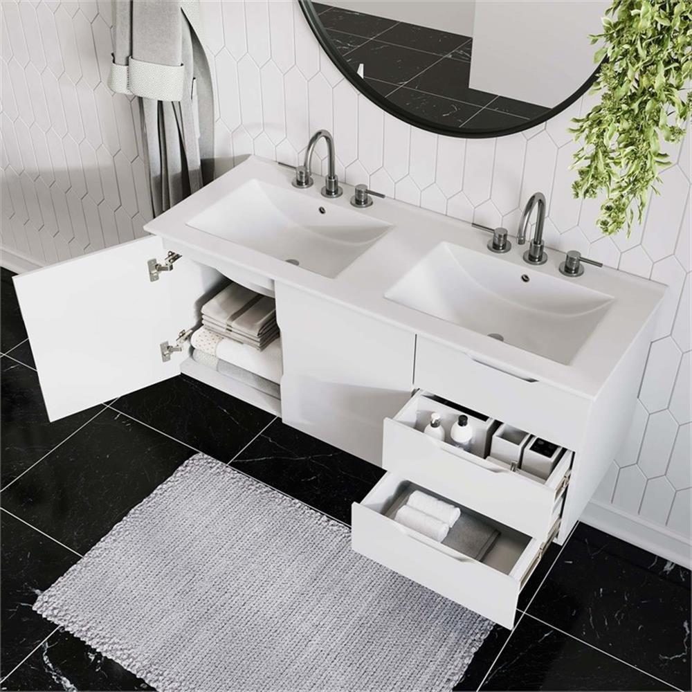 Pemberly Row Modern Wood/Ceramic Double Sink Bathroom Vanity in White