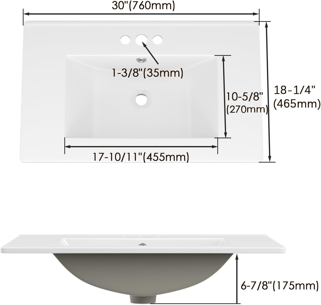ROOMTEC 30″X18¼” Bathroom Vanity Sink Top with Three Holes, Ceramic Vanity Sink