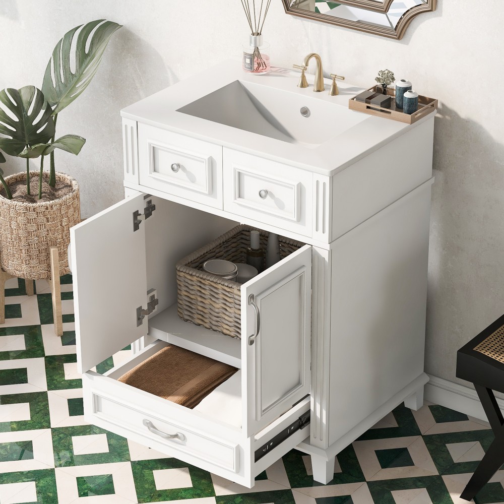 24″ Bathroom Vanity w/ Ceramic Sink, Solid Wood Frame, Soft Close Doors, White