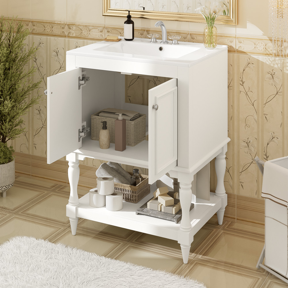 24″ Modern Bathroom Vanity w/ Ceramic Sink & Storage, White