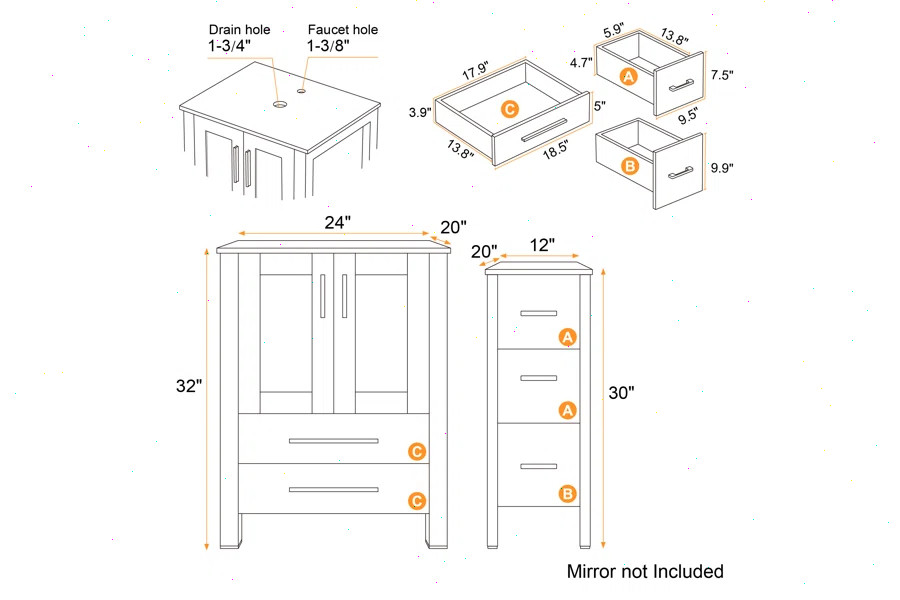72″ Bathroom Vanity Set Tempered Glass Vessel Sink Small Cabinet Black No Mirror