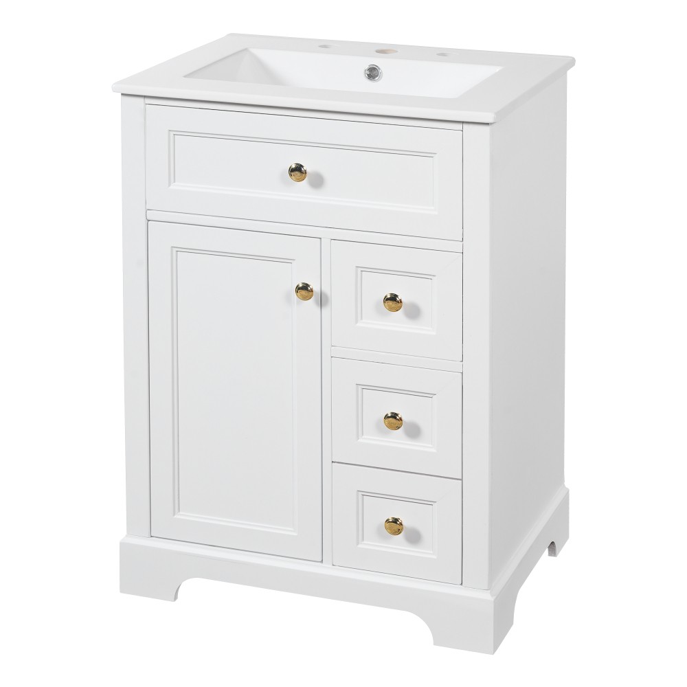 24 in White Bathroom Vanity with Sink MDF & Pinewood Construction 3 Drawers