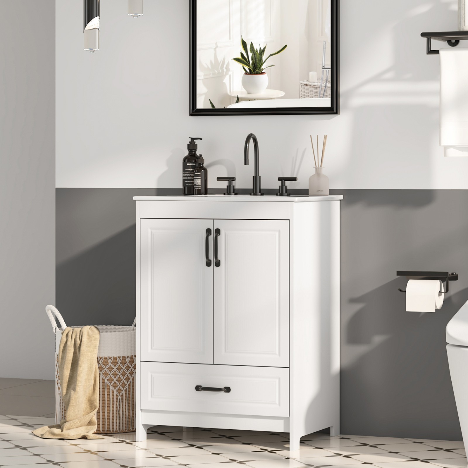 24″ Bathroom Vanity with Ceramic Sink Freestanding Storage Cabinet w/Drawer