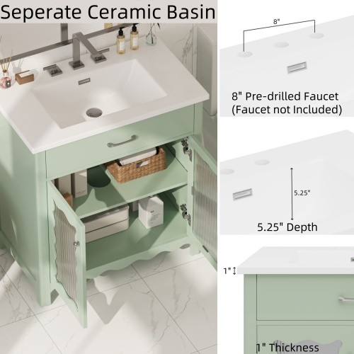 31 Bathroom Vanity With Tempered Glass, Modern Bathroom Cabinet With Rubber Wood