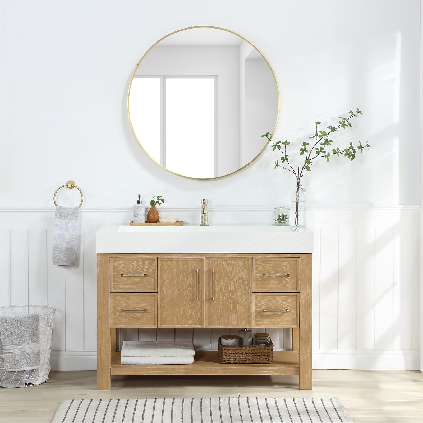 Vera 48″ Single Bath Vanity in Washed Ash Grey w/ White Integrated Sink & Mirror