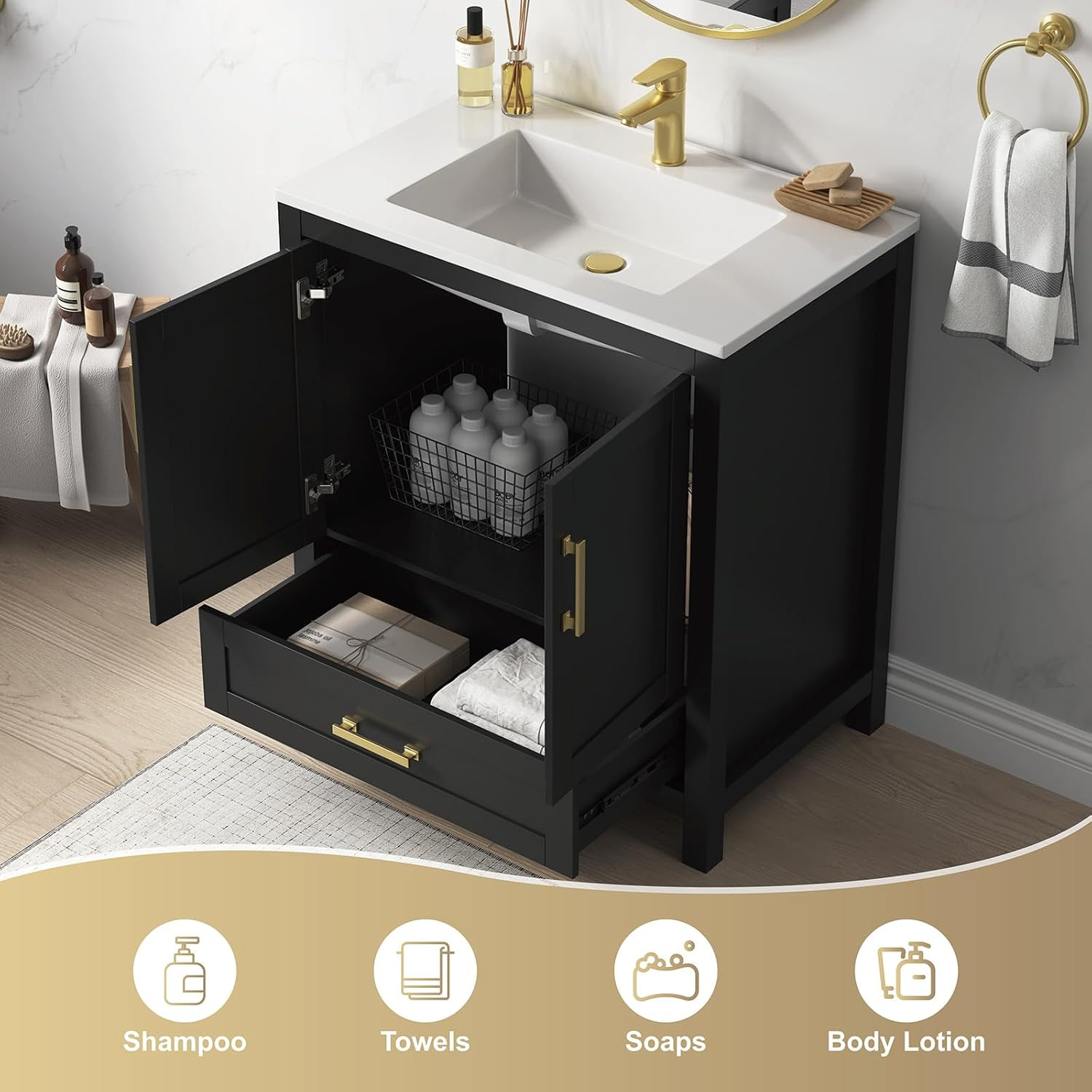 30 Inch Bathroom Vanity with Sink, Black Bathroom Vanity Sink Combo with Large D