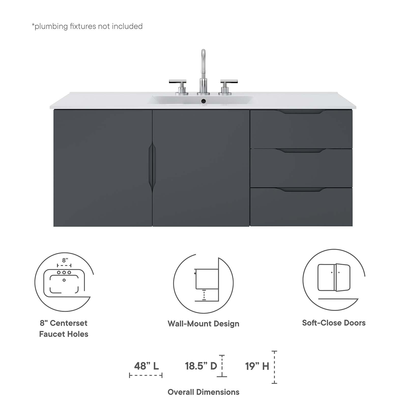 Modway Vitality 48″ Single Sink Wall-Mount Bathroom Vanity in Gray White