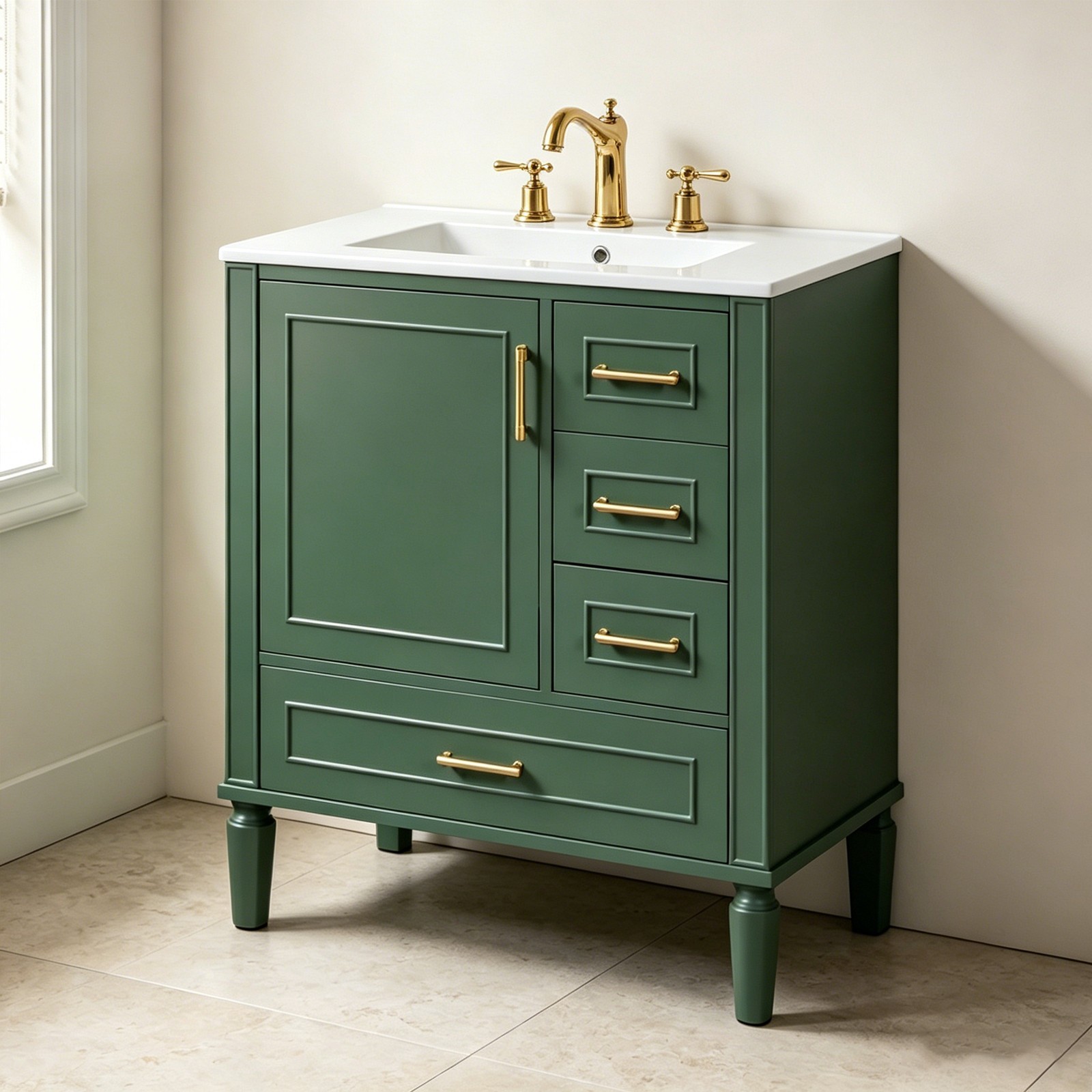 30″Green Floor Standing Single Sink Bathroom Vanity Cabinet Three Drawers Storag
