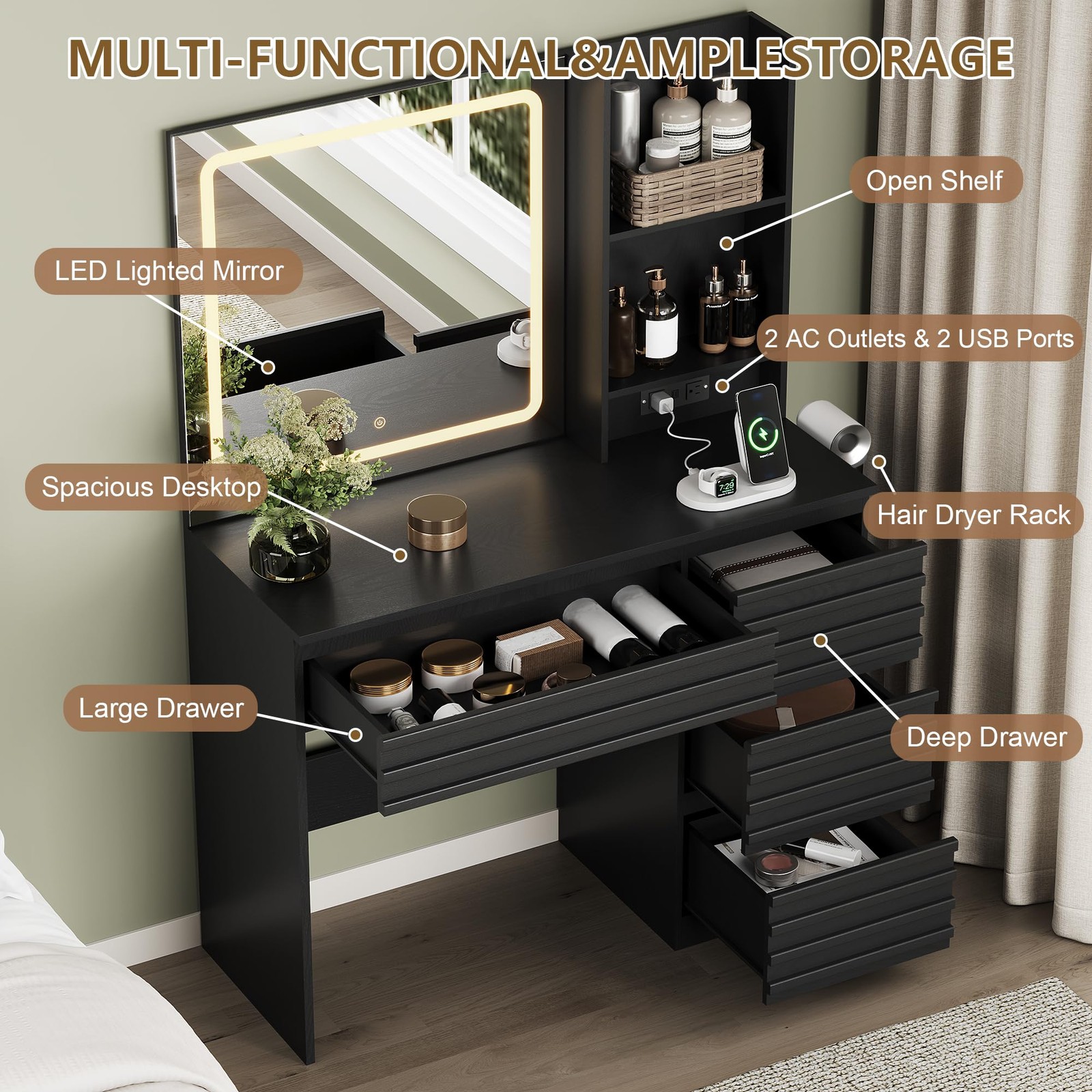 Black Fluted Vanity Desk with LED Mirror 4 Drawers Outlet 3 Modes Open Shelf