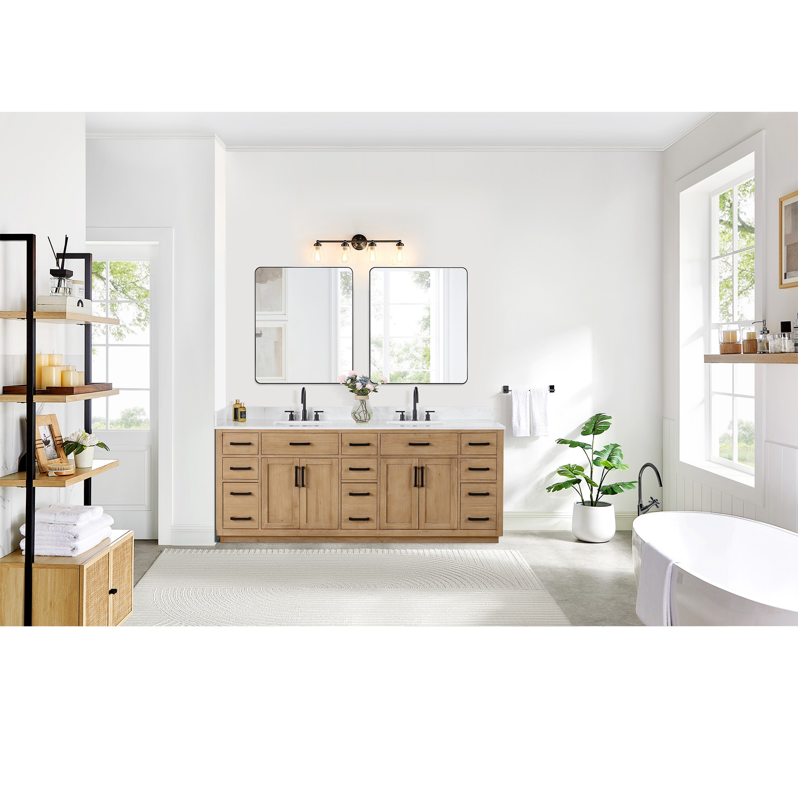 Gavino 84″ Wood Vanity in Light Brown with Composite Stone Top no Mirror