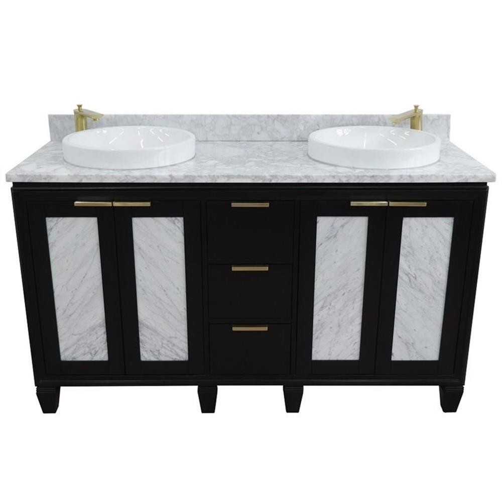 Trento 61″ Double Round Sink Solid Wood Vanity in Blue/White Carrara