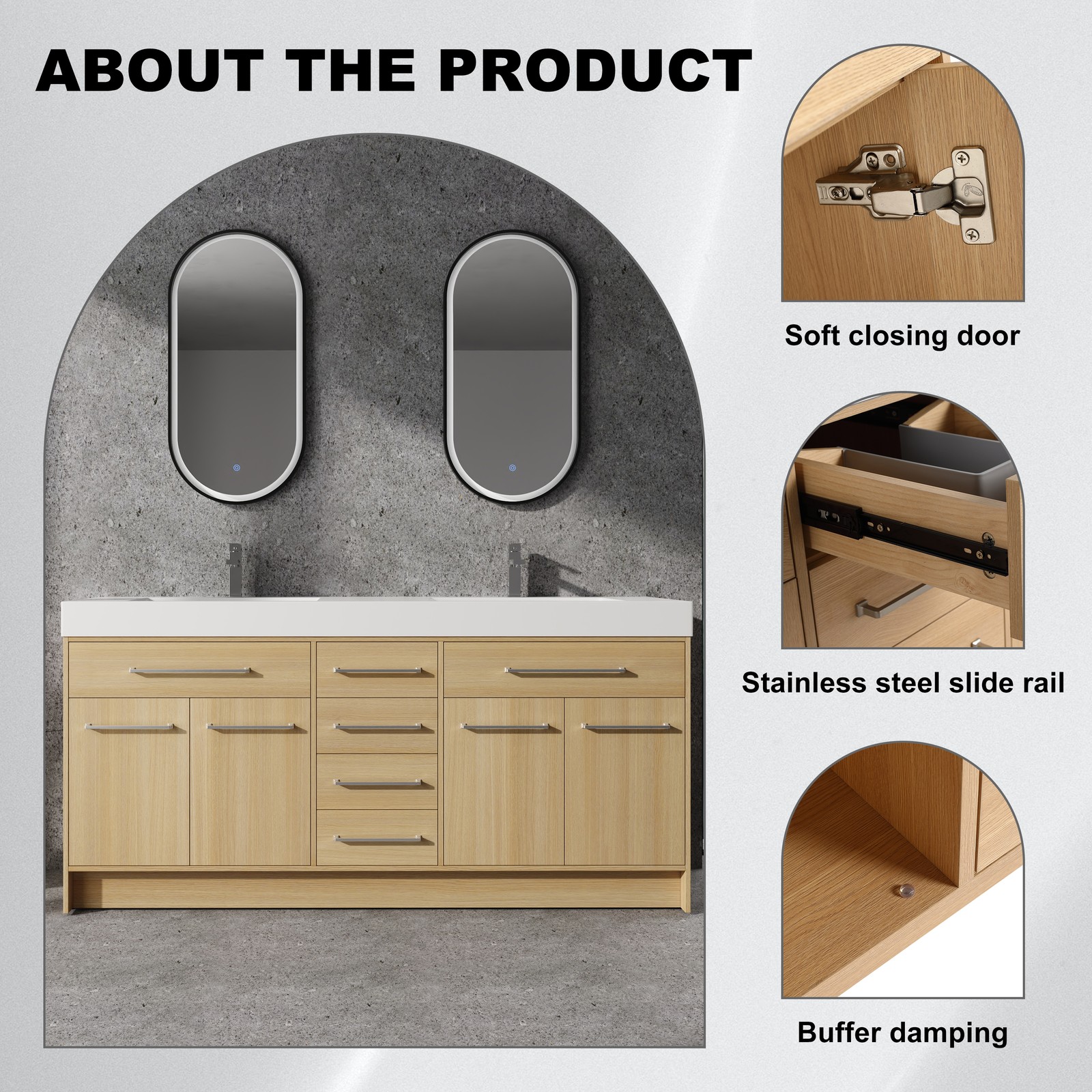 72 in Plywood Bathroom Vanity Freestanding W/Double Resin Sink+4 Doors 6 Drawers