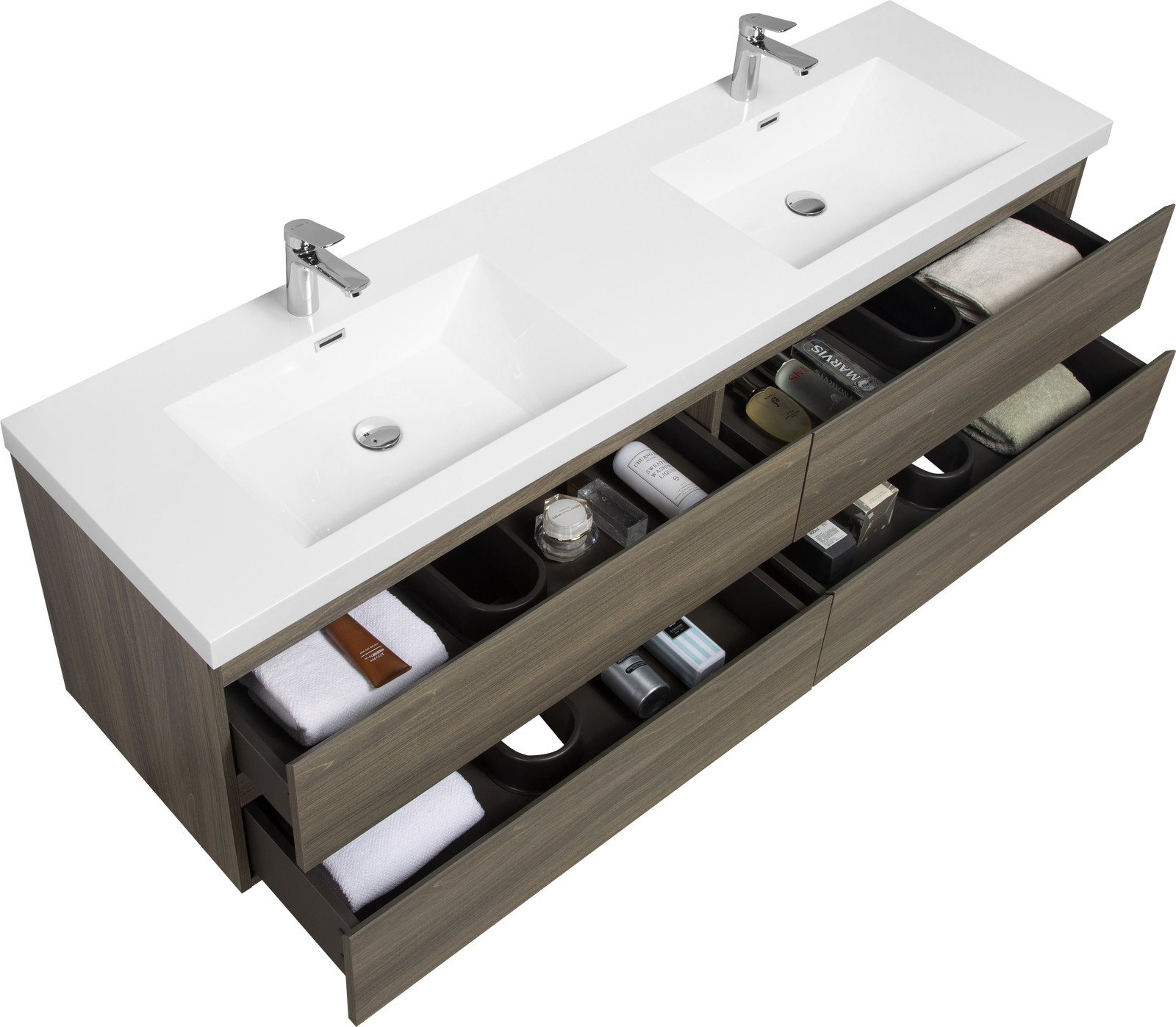 72 in Floating Wall-Mounted Bathroom Vanity W/ Resin Double Sink 4 Drawers Gray