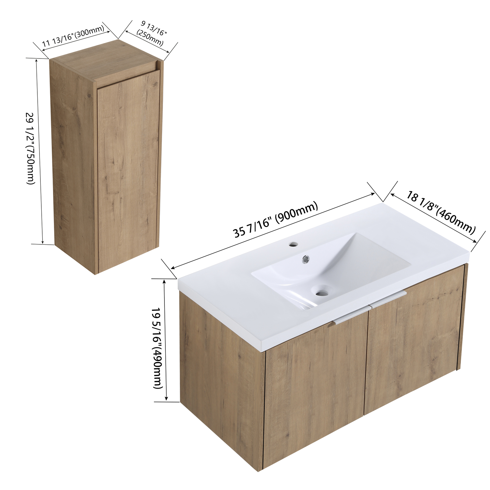 36 Inch Plywood Floating Wall-Mounted Vanity Bathroom with Sink and Side Cabinet