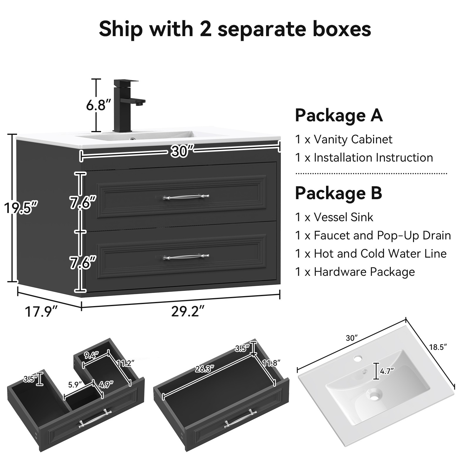 30” Floating Bathroom Vanity Set Ceramic Undermount Sink 2 Glass Drawers Towel