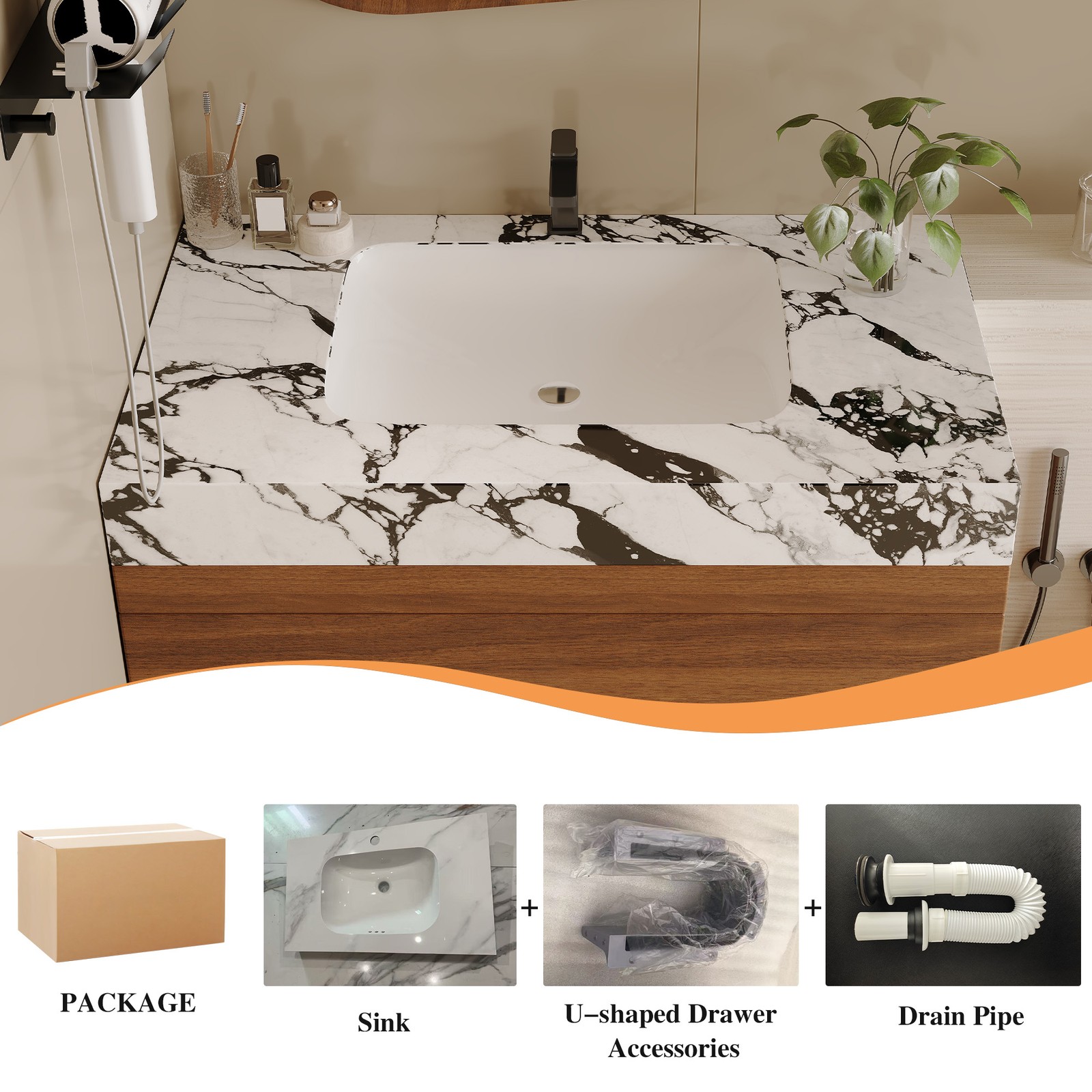 29.9″ Modern Floating Bathroom Vanity Storage Cabinet w/Faux Marble Top & Sink