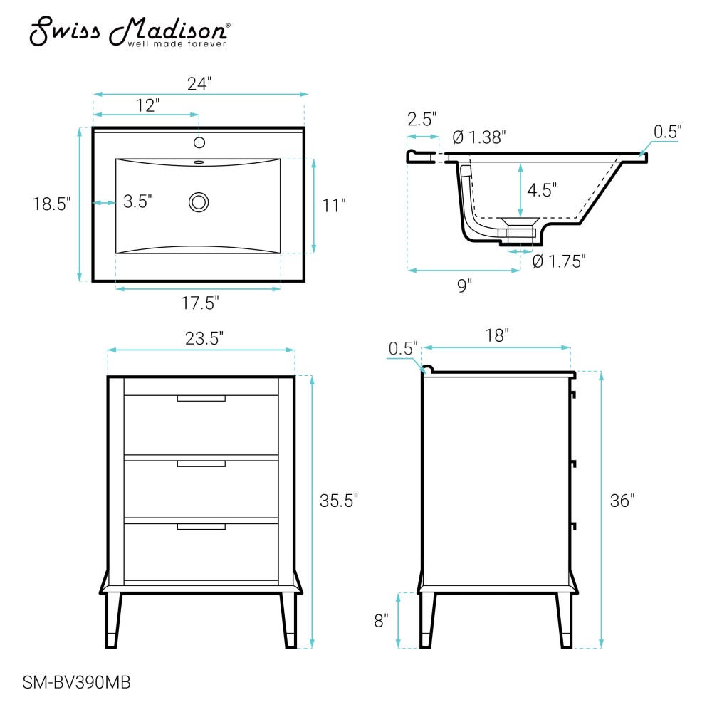 Swiss Madison SM-BV390MB Hugo 24″ – Brown Oak / Matte Black
