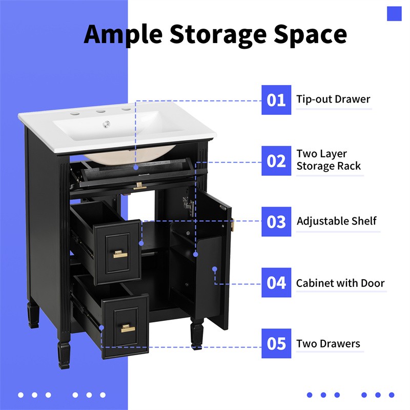 24-In Modern Bathroom Vanity with Ceramic Sink,Black Wood Cabinet with 3 Drawers