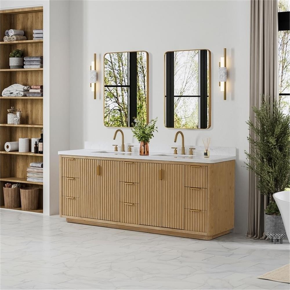 Cadiz 84″ Double Bathroom Vanity in Washed Ash Grey w/Lightning White top&Mirror