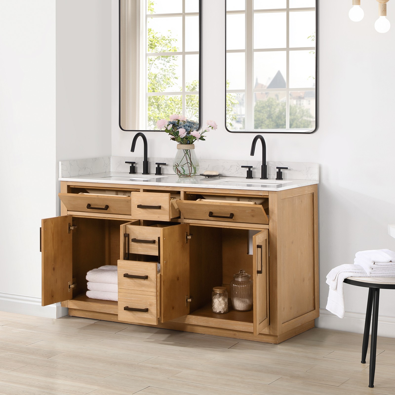 Gavino 60″ Wood Vanity in Light Brown with Composite Stone Top no Mirror