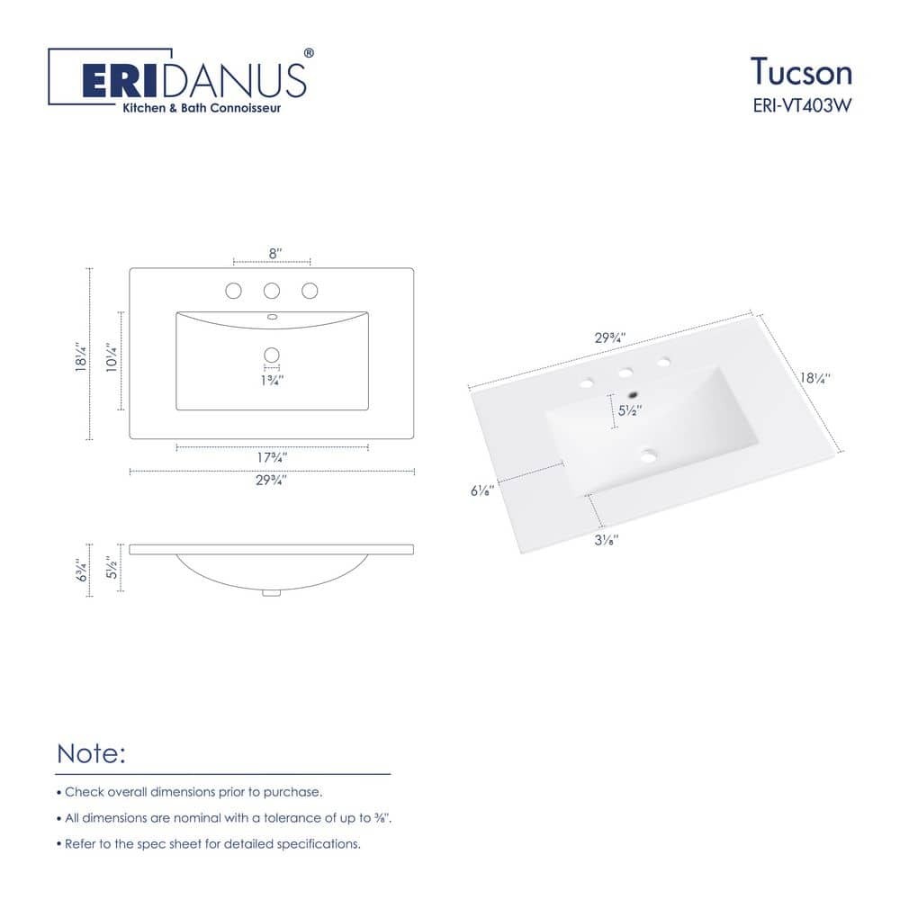 Eridanus Tucson 30″x18″ White Vanity Top Single Sink 8″ Widespread 3-Holes