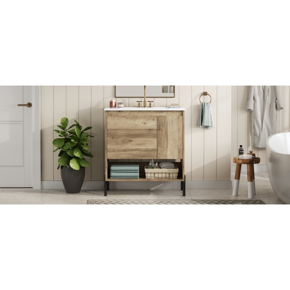 Wooden Bathroom Cabinet Sliding Drawers Ceramic Basin Countertop Open Shelving
