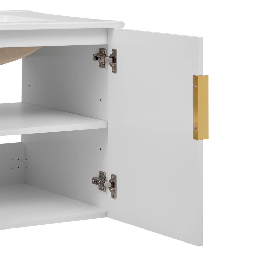 Bathroom Vanity W Ceramic Sink Three-Hole Mounting Features Two Soft-Close Doors