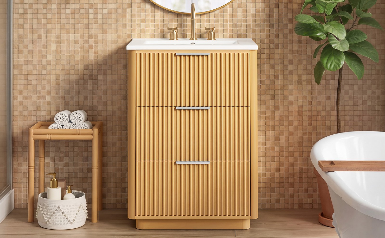 24 Inch Bathroom Vanity with Ceramic Sink, Natural Wood & Metal