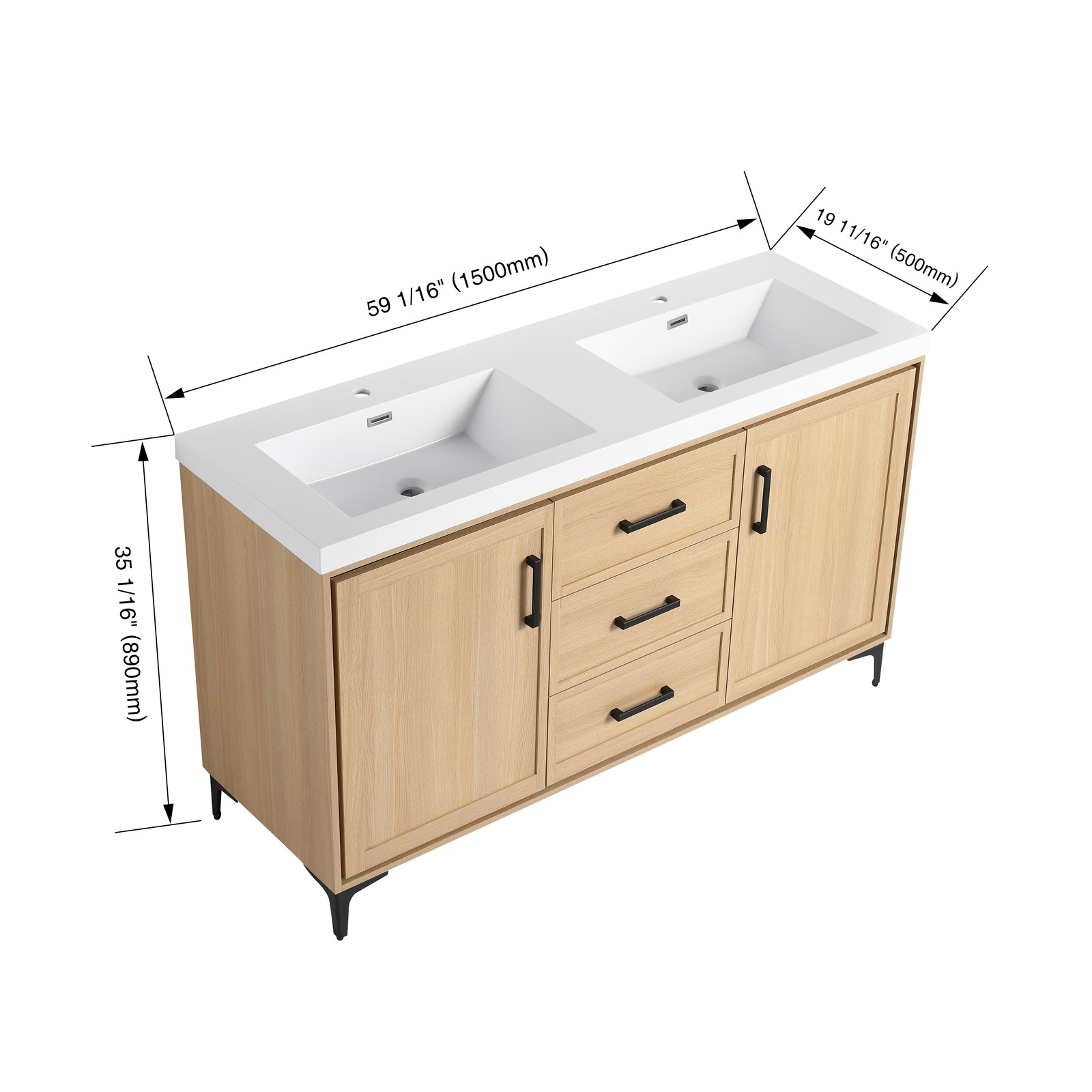 60 in Plywood Bathroom Vanity Freestanding W/Double Resin Sink +2 Doors 3Drawers