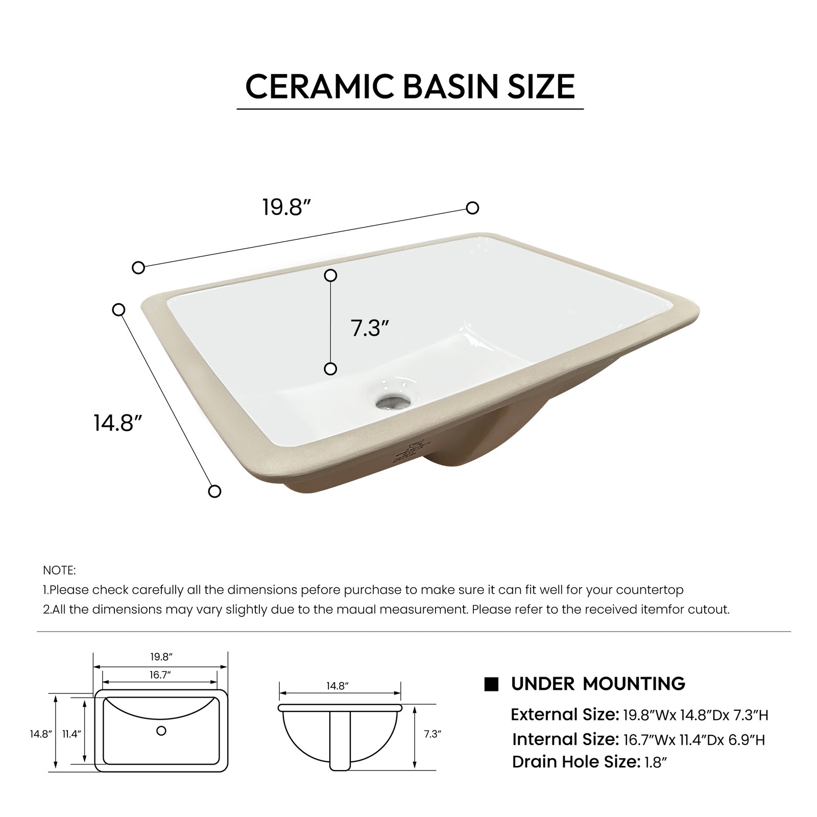 Malaga 25″W x 22″D Composite Stone Vanity Top in Grain White with Ceramic Sink