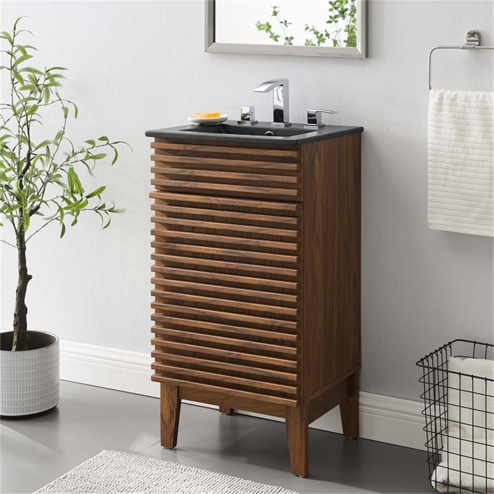 Pemberly Row 17.5″ Modern Wood/Ceramic Bathroom Vanity in Walnut/Black