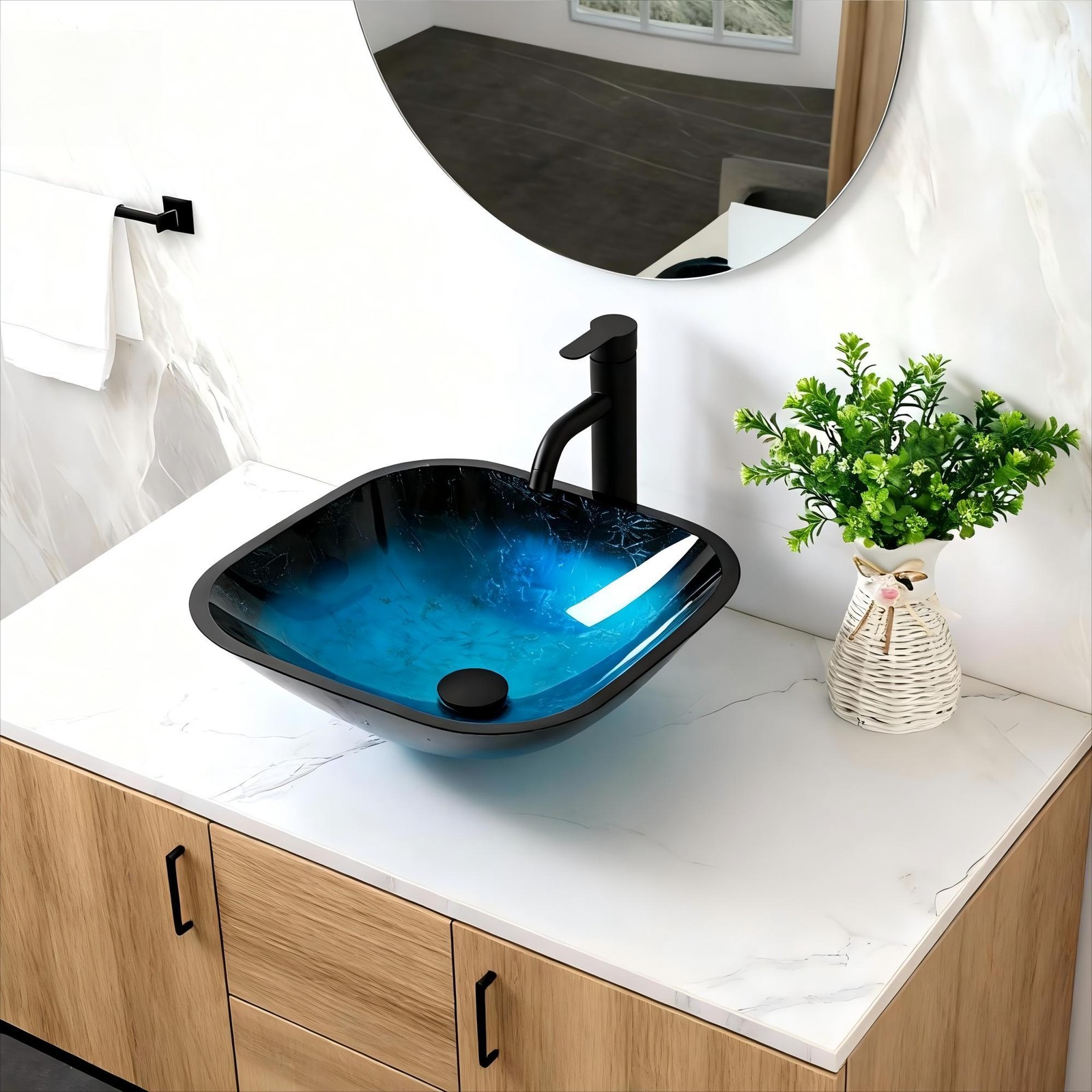 Bathroom Artistic Tempered Glass Vessel Bathroom Sink w/Faucet & Pop-up Drain