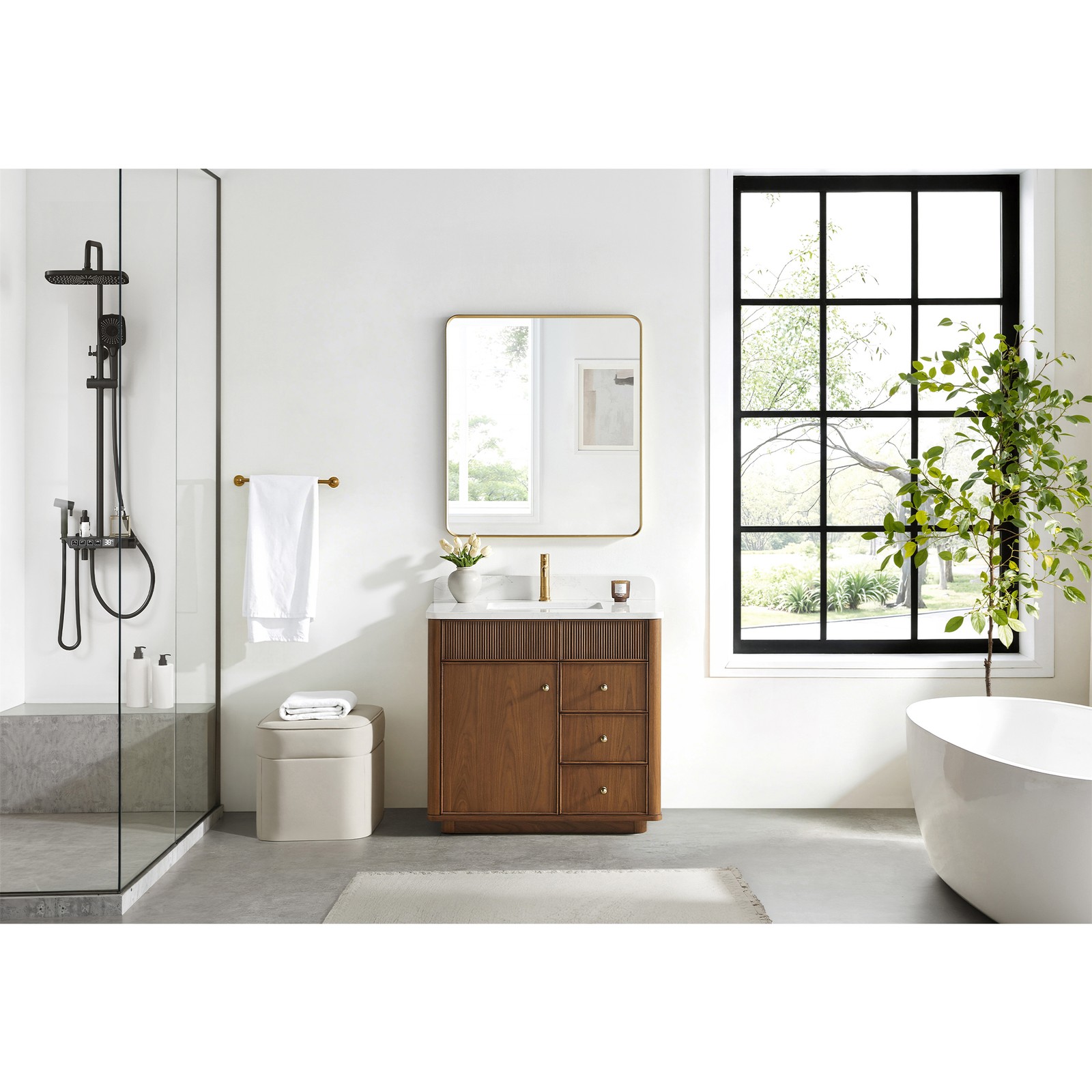 Zogno 36″ Single Sink Bath Vanity in Natural Walnut with White Grain Stone Top