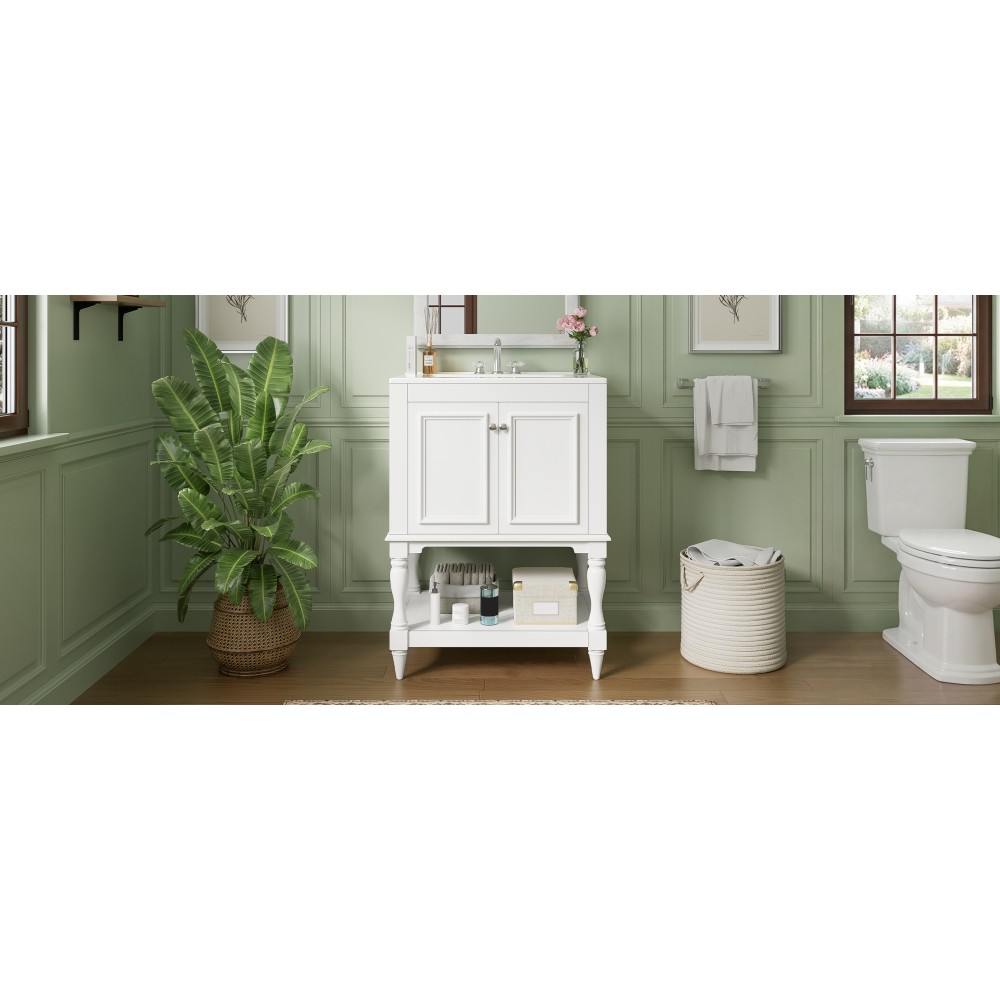 24″ Modern Bathroom Vanity w/ Ceramic Sink & Storage, White