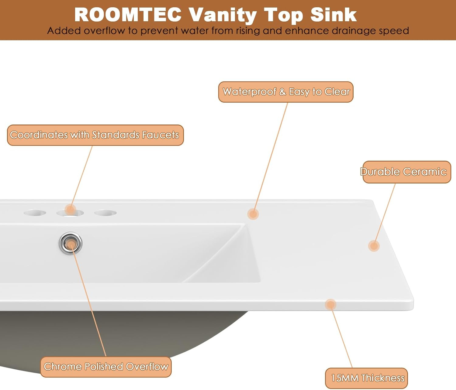 ROOMTEC 30″X18¼” Bathroom Vanity Sink Top with Three Holes, Ceramic Vanity Sink