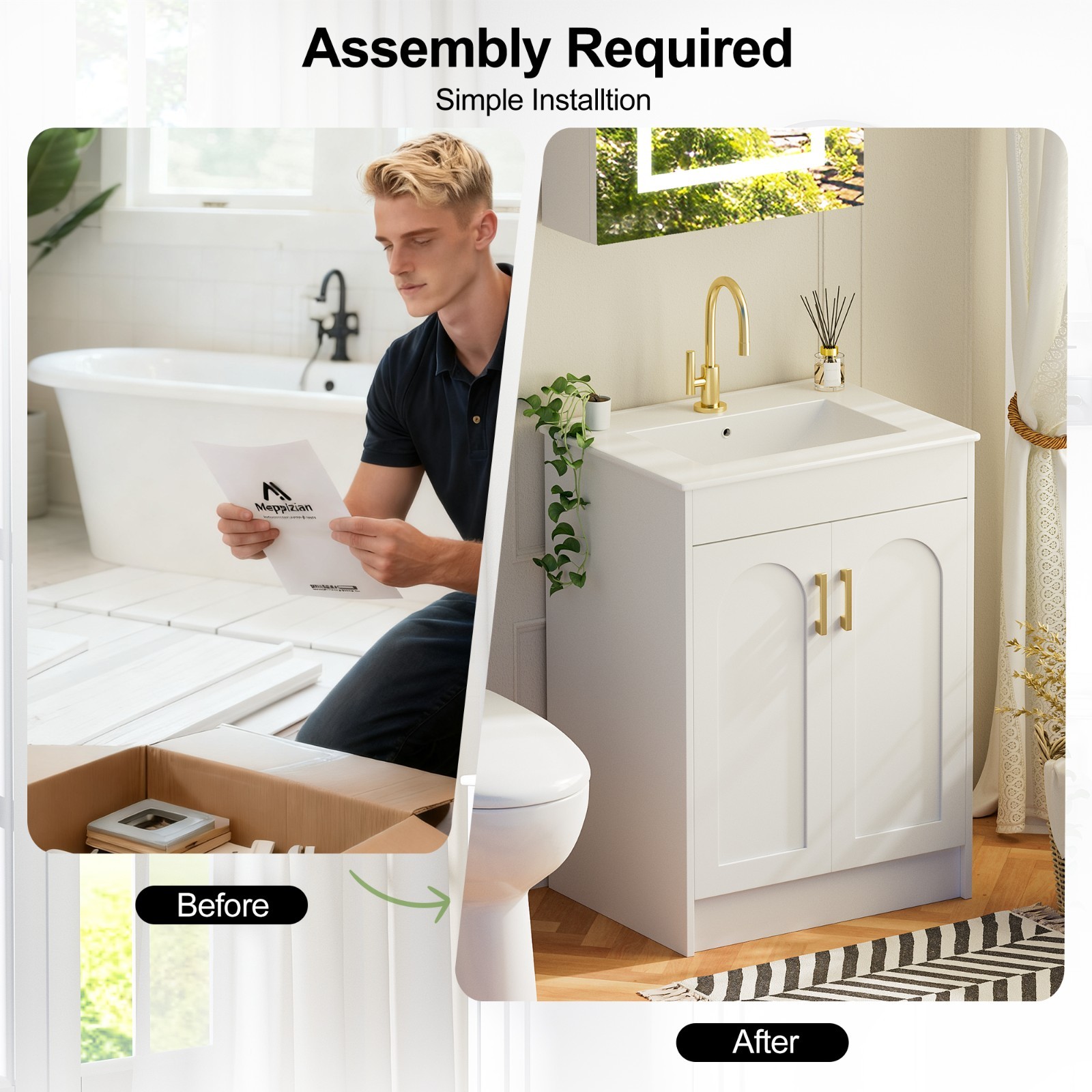24″ Freestanding Bathroom Vanity Cabinet with Undermount Ceramic Sink 2 Doors